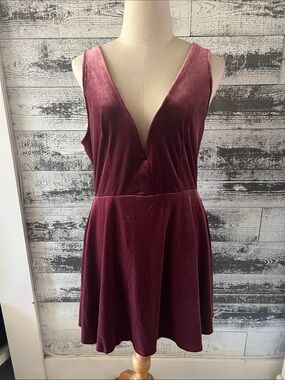 Express Plum/burgundy velvet V‑Neck Sleeveless Dress with hidden shorts.